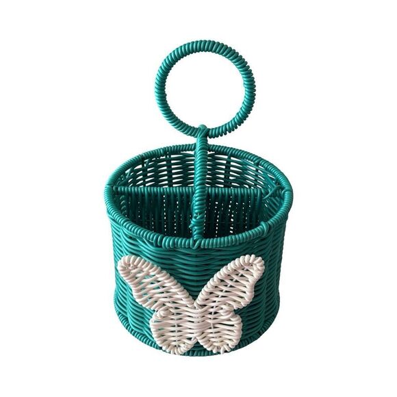 Teal Woven Basket Utensil Caddy with White Butterfly - Picture 1 of 4